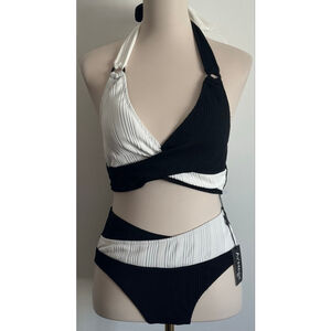 Women's Ai'Mage Black & White Ribbed Bikini Set M